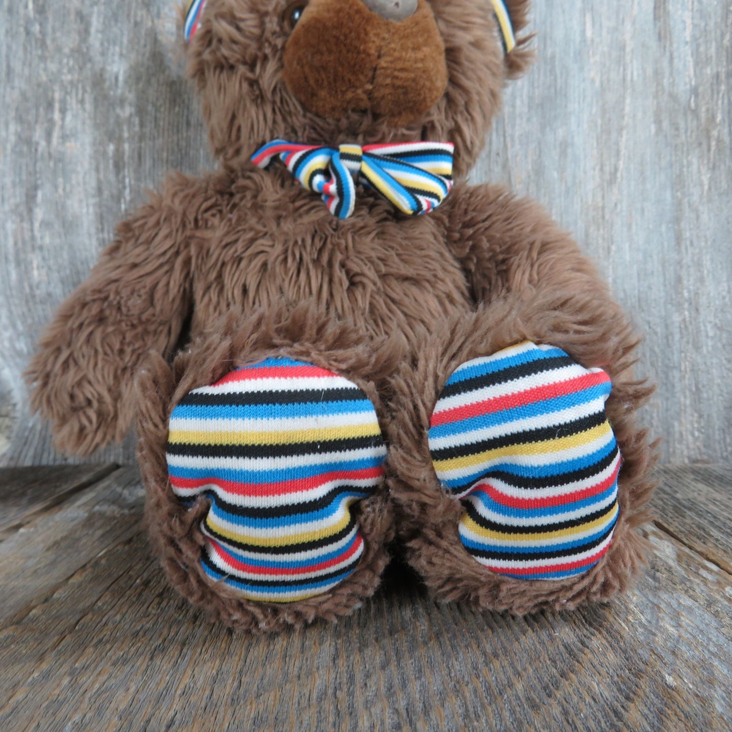 Long Haired Teddy Bear Brown Plush Striped Bow Tie, Feet, and Ears Circus Circus Las Vegas Stuffed Animal