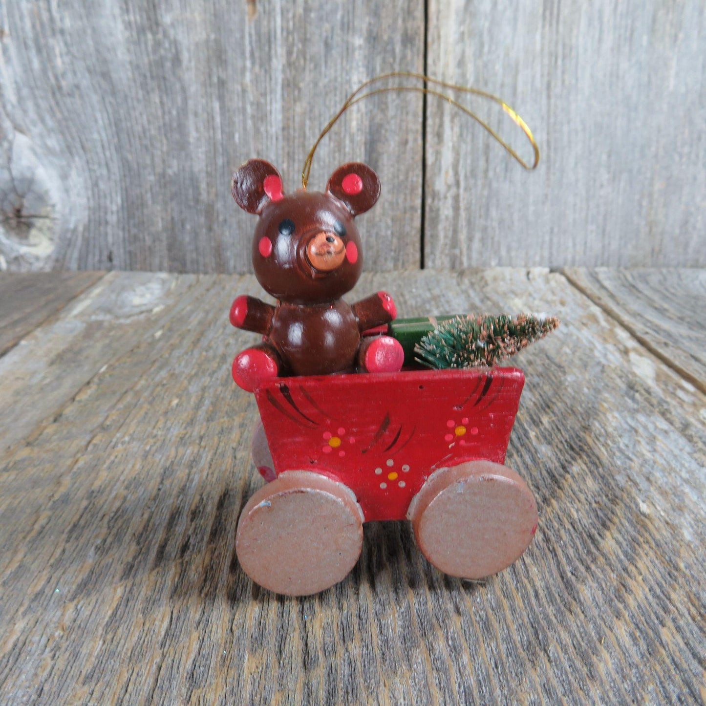 Vintage Wooden Teddy Bear In Wagon Ornament Wood Christmas Red Brush Tree Gift Russ