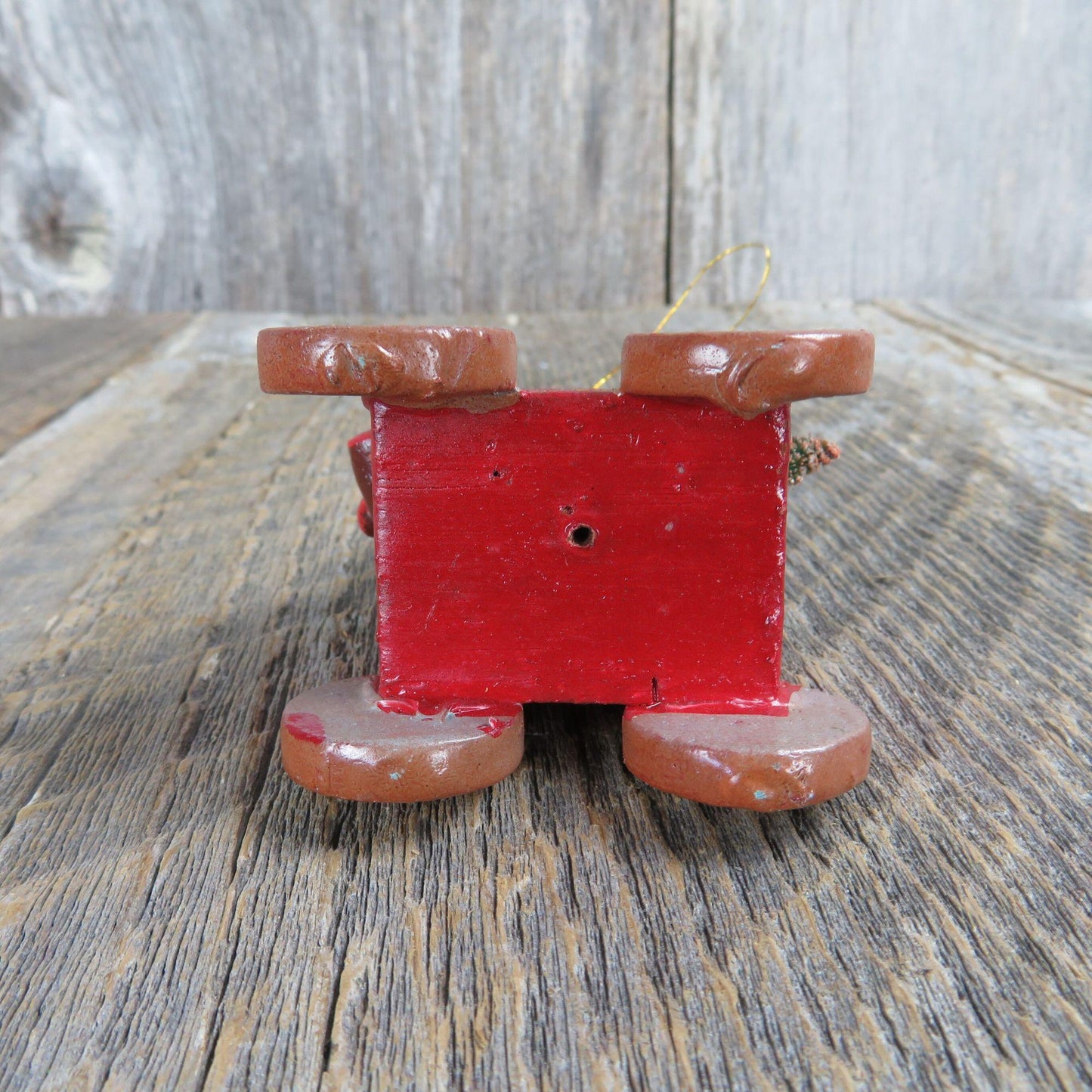Vintage Wooden Teddy Bear In Wagon Ornament Wood Christmas Red Brush Tree Gift Russ