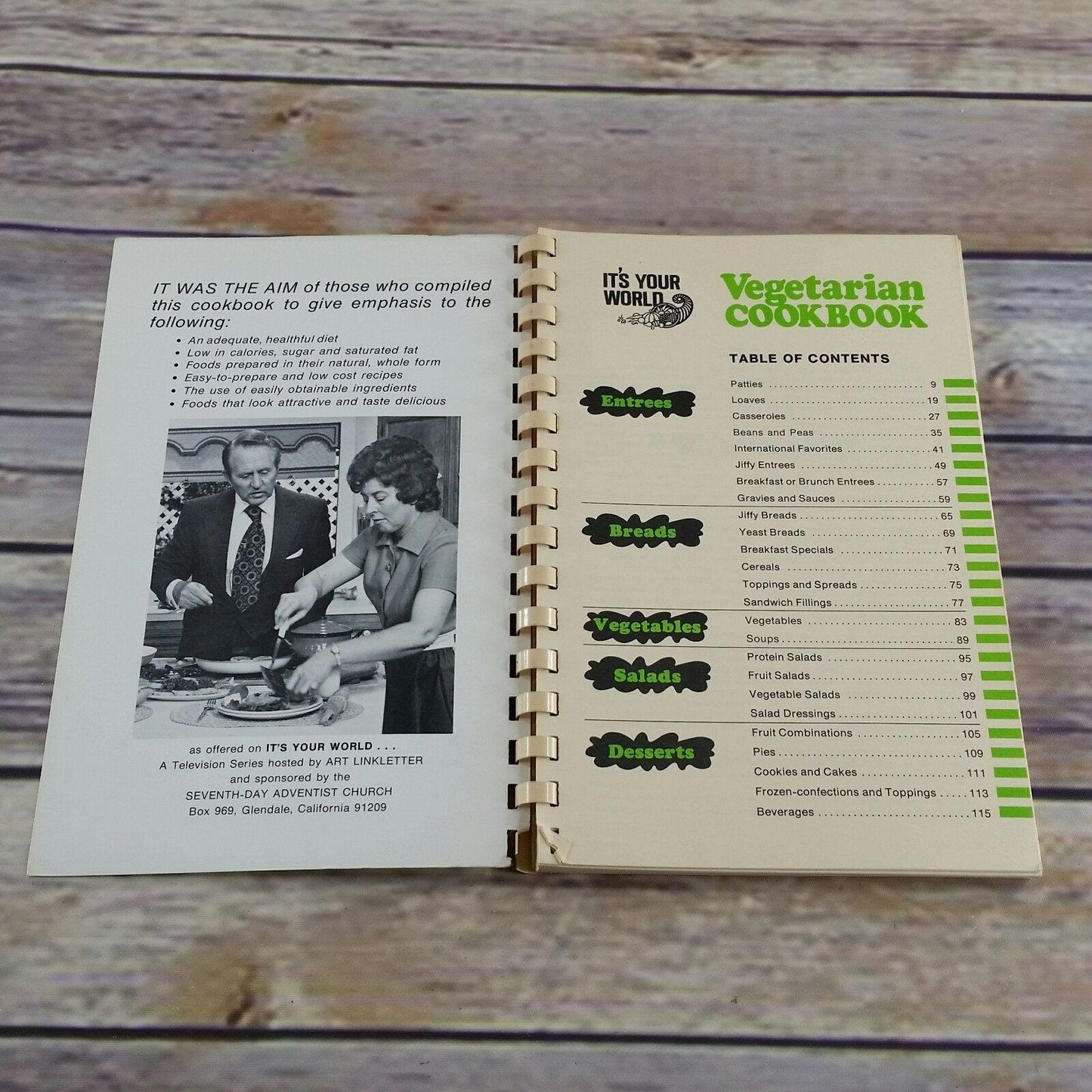 Vintage Cookbook Vegetarian Its Your World 1973 Art Linkletter Seventh Day Adventists Spiral Bound Paperback Television Series
