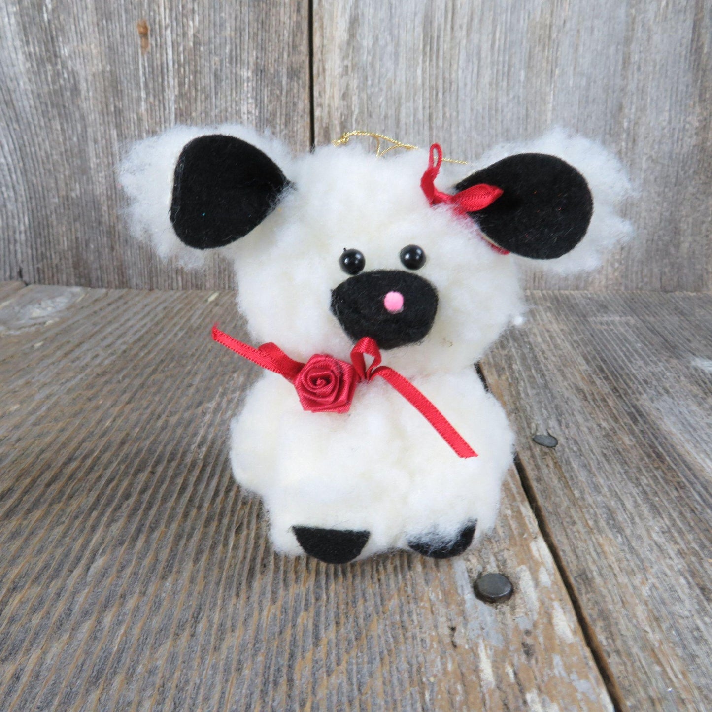 Lamb Sheep Fleece Ornament White Black Felt Ears Christmas Vintage