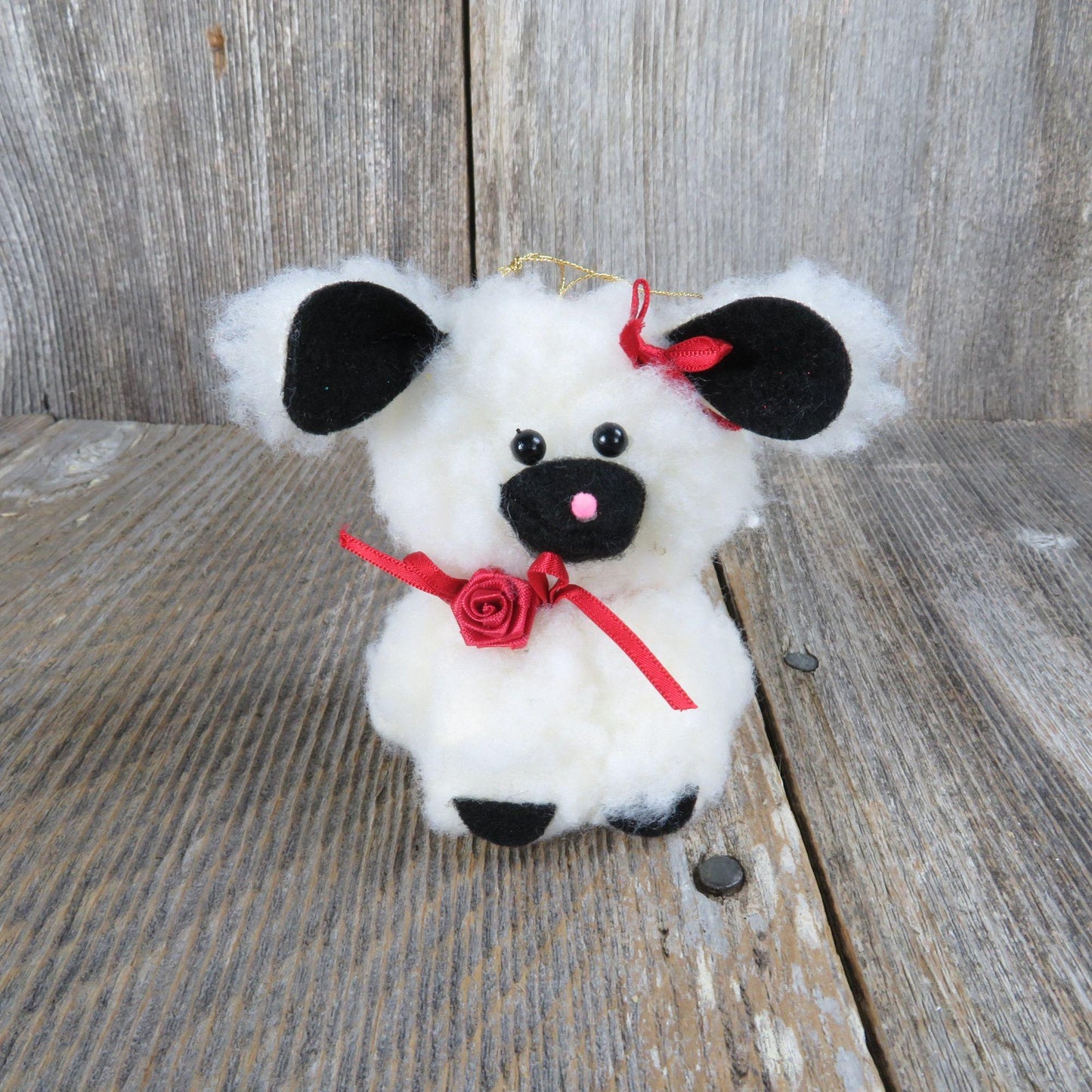 Lamb Sheep Fleece Ornament White Black Felt Ears Christmas Vintage