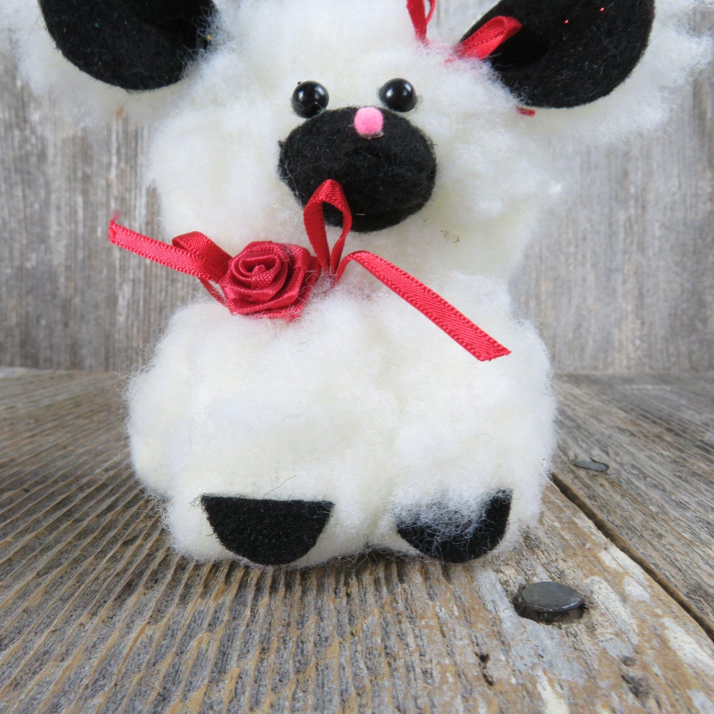 Lamb Sheep Fleece Ornament White Black Felt Ears Christmas Vintage