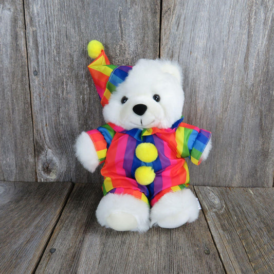 Vintage White Clown Bear Plush Rainbow Striped Party Hat Fiesta 1989 Nylon Pom Pom