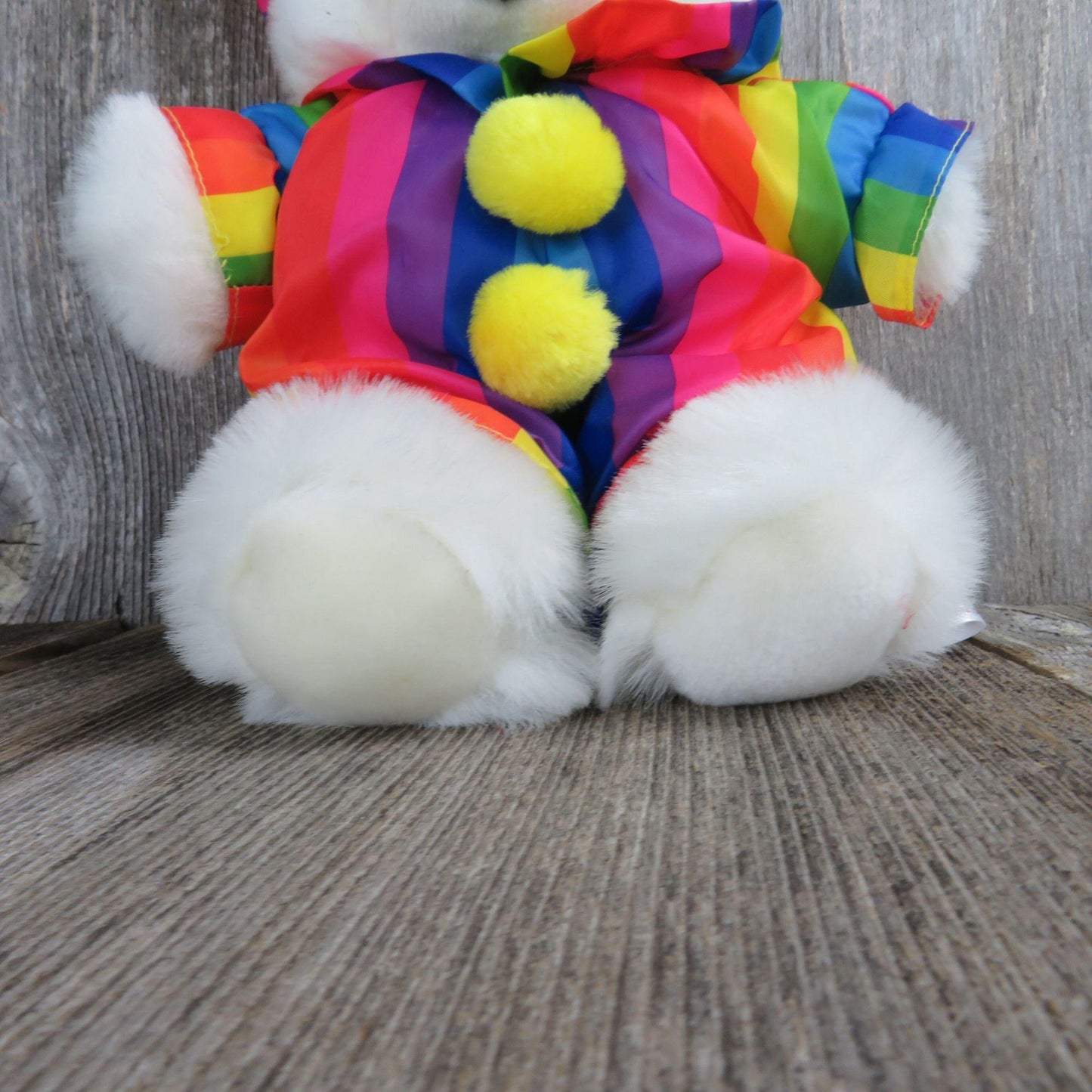 Vintage White Clown Bear Plush Rainbow Striped Party Hat Fiesta 1989 Nylon Pom Pom