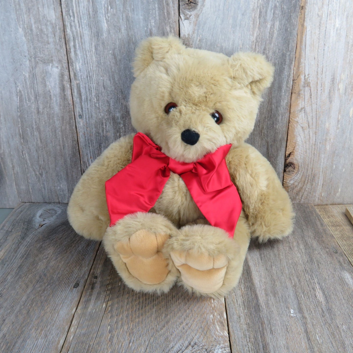 Vintage Teddy Bear Plush Creations Big Red Bow Large Tan Long Hair Stuffed Animal 1989