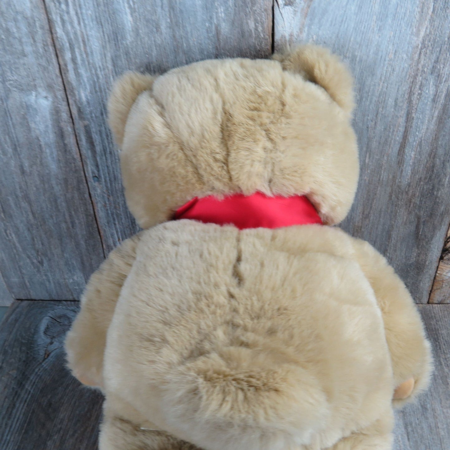 Vintage Teddy Bear Plush Creations Big Red Bow Large Tan Long Hair Stuffed Animal 1989