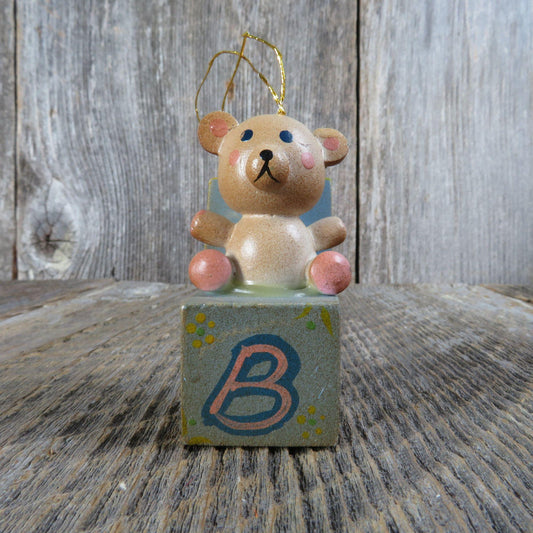 Vintage Teddy Bear Alphabet Block Wooden Ornament Wood Blue Pin Yellow Russ Taiwan - At Grandma's Table