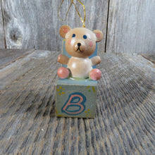 Load image into Gallery viewer, Vintage Teddy Bear Alphabet Block Wooden Ornament Wood Blue Pin Yellow Russ Taiwan