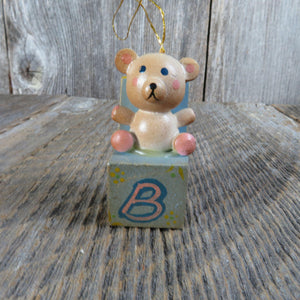 Vintage Teddy Bear Alphabet Block Wooden Ornament Wood Blue Pin Yellow Russ Taiwan