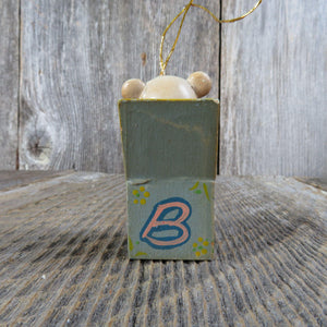 Vintage Teddy Bear Alphabet Block Wooden Ornament Wood Blue Pin Yellow Russ Taiwan