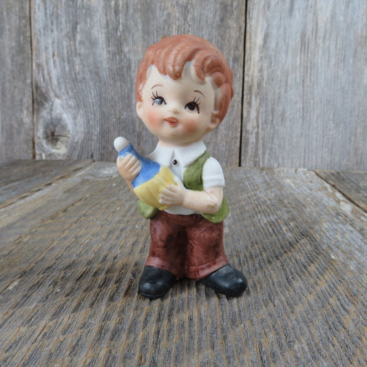 Vintage Boy with Wine Bottle Figurine Enesco Red Brown Hair Green Vest Cute Basket