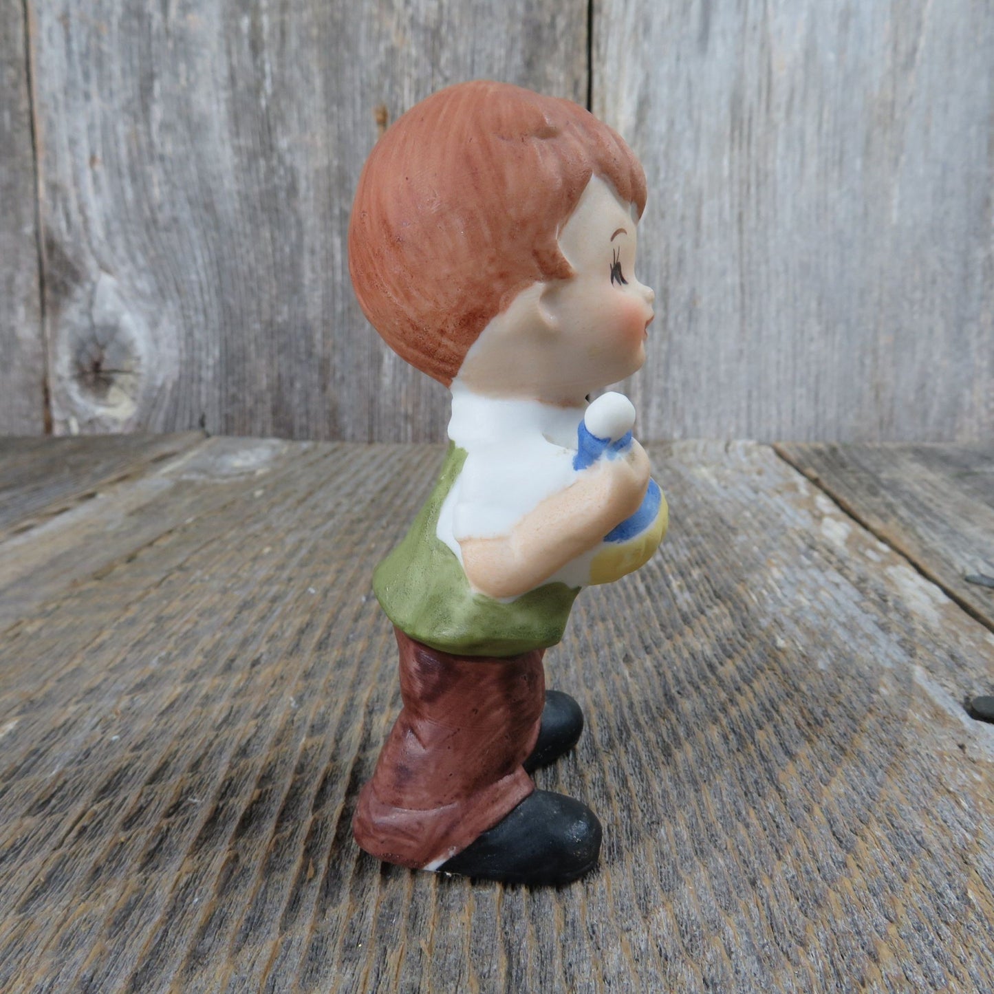 Vintage Boy with Wine Bottle Figurine Enesco Red Brown Hair Green Vest Cute Basket