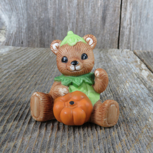 Vintage Bear Pumpkin Costume Figurine Homco Thanksgiving Fall Autumn Green Plant 1426 Halloween