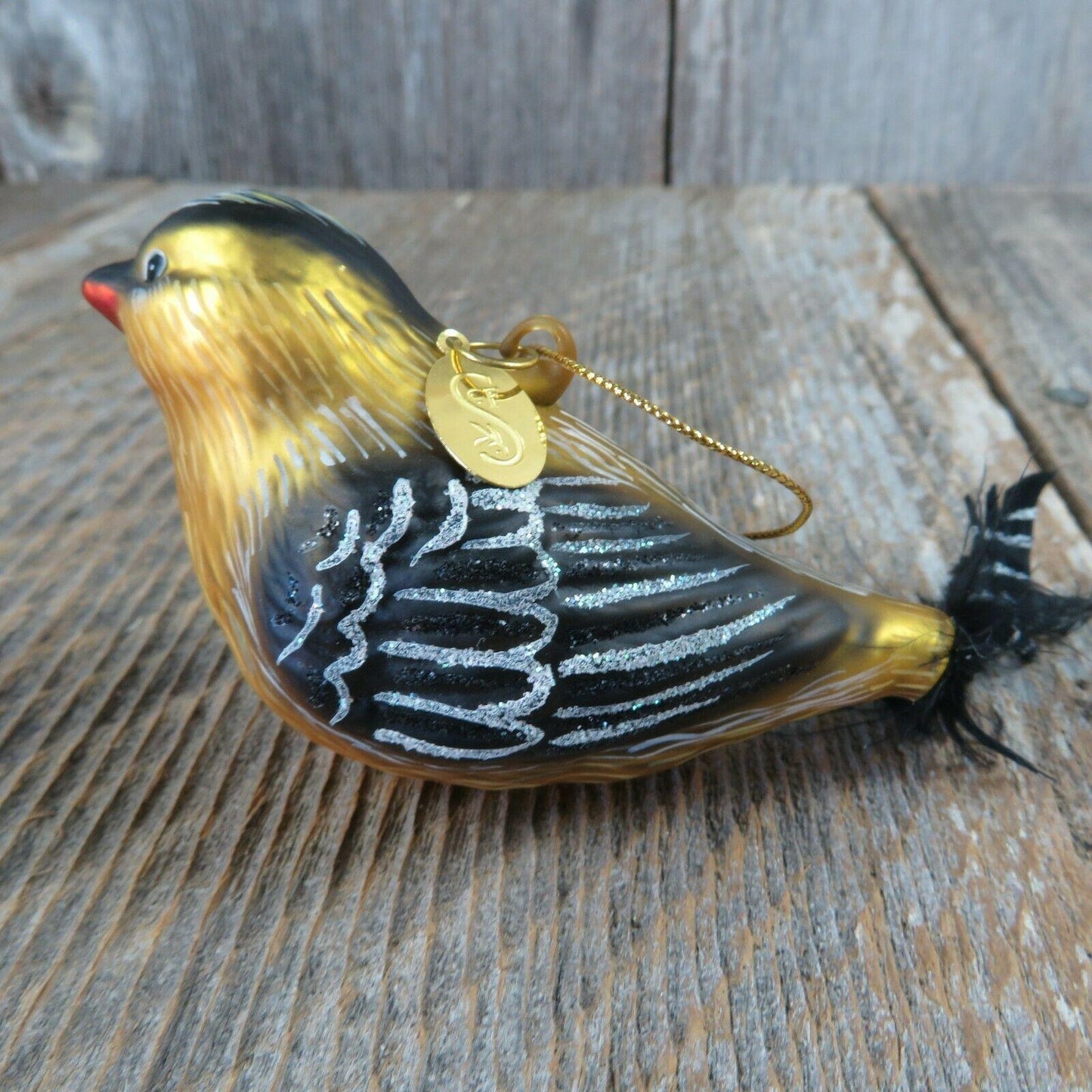 Goldfinch Glass Ornament Gold Christmas Black Feathers Seasons Cannon Falls