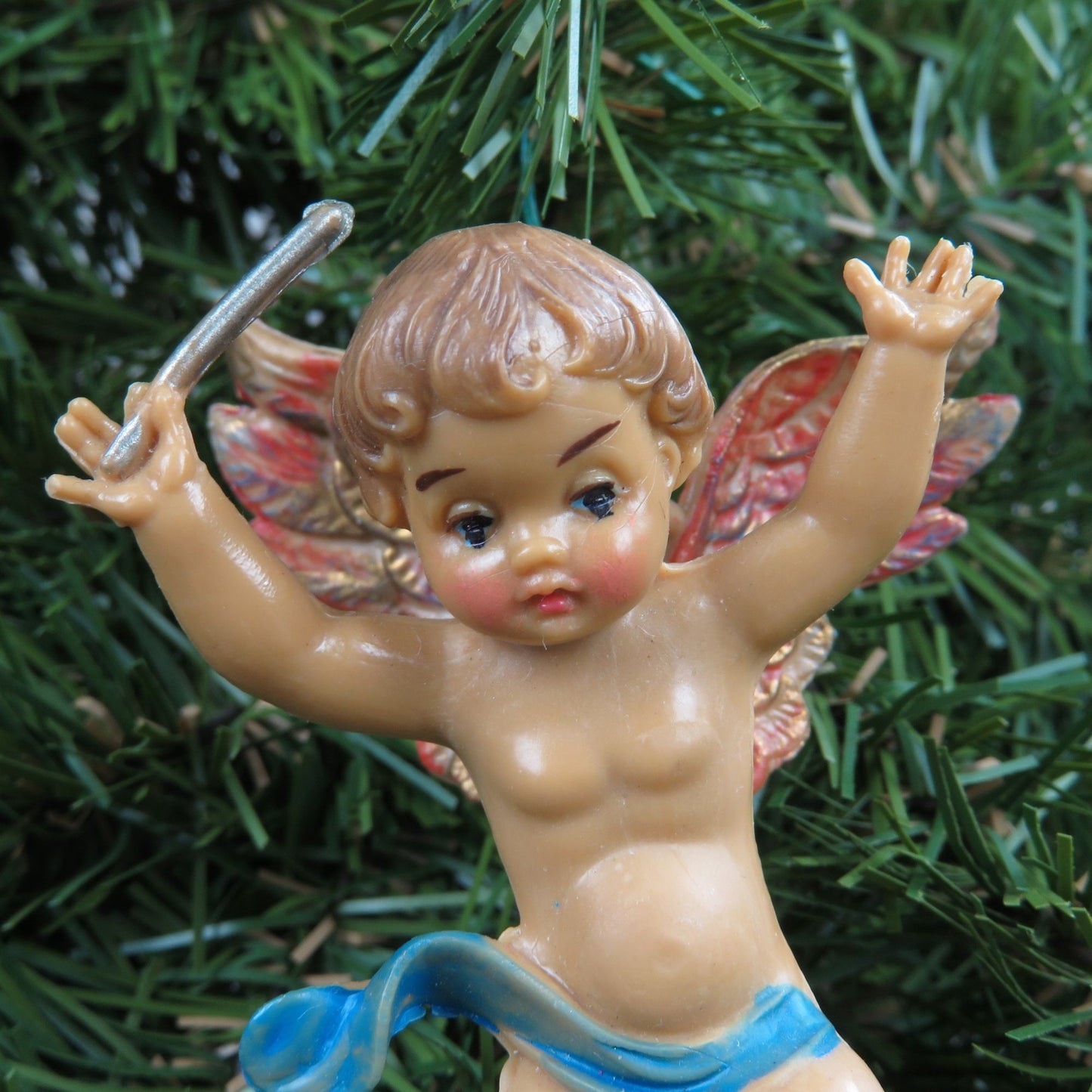 Vintage Angel Cherub Ornament Plastic Italy Baton Musical Blue Orange