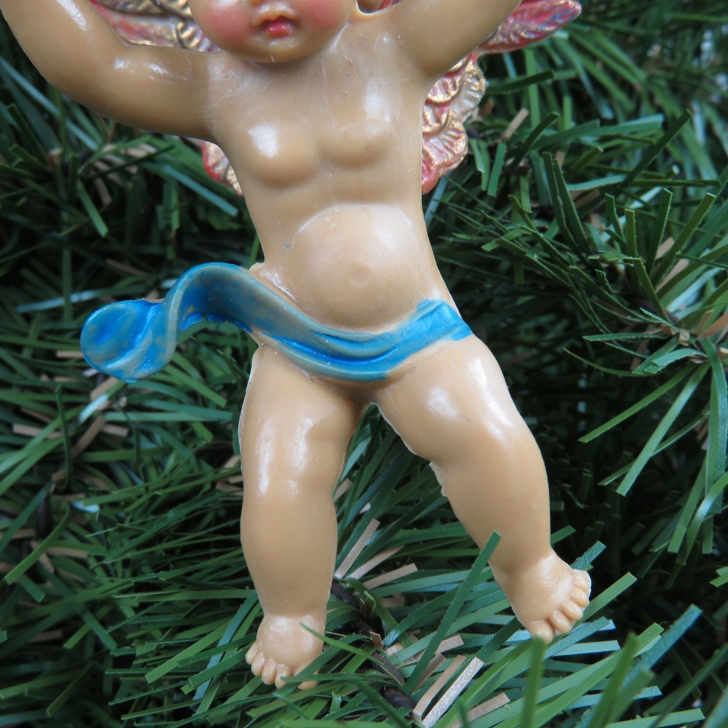 Vintage Angel Cherub Ornament Plastic Italy Baton Musical Blue Orange