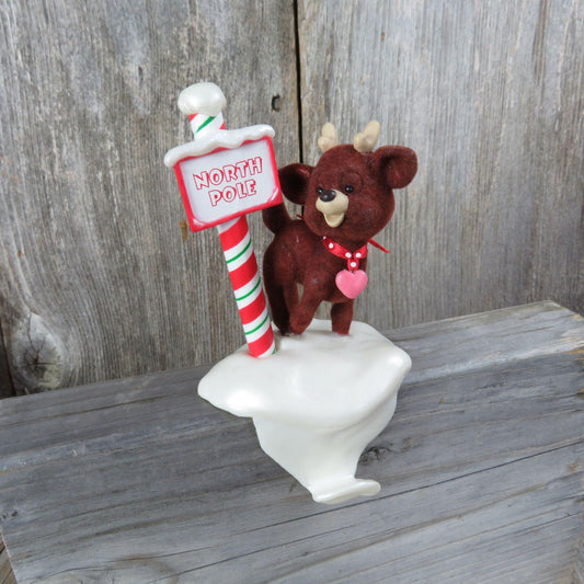 Vintage Reindeer Crossing Christmas Stocking Holder 1988 Hallmark Flocked Deer Hanger Hook