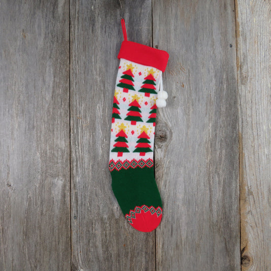 Vintage Knit Tree Stocking Christmas Star Diamond Pattern Green Red White Pom Pom