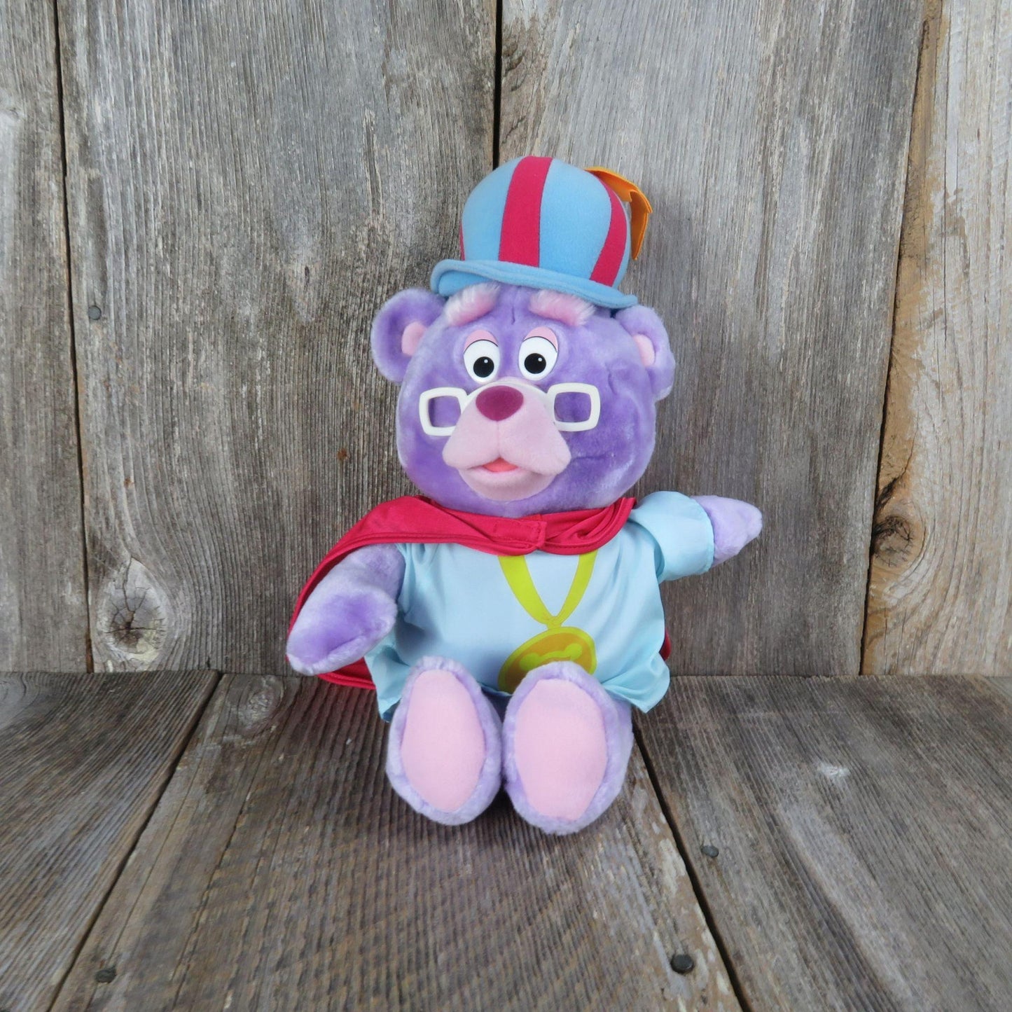 Vintage Gummi Bear Plush Zummi Fisher Price Quaker Oats Purple Stuffed Animal Glasses Cartoon Character 1985 Walt Disney Made in Korea