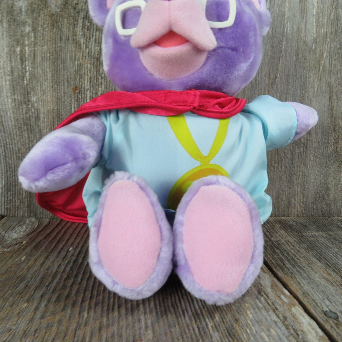 Vintage Gummi Bear Plush Zummi Fisher Price Quaker Oats Purple Stuffed Animal Glasses Cartoon Character 1985 Walt Disney Made in Korea