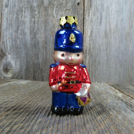 Glass Drummer Boy Toy Soldier Shaped Ornament Painted Gold Cap Red Blue - At Grandma's Table
