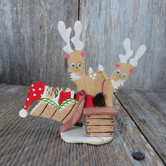 Vintage Wood Santa in Rocking Chair Ornament Reindeer Sleeping Wooden Christmas