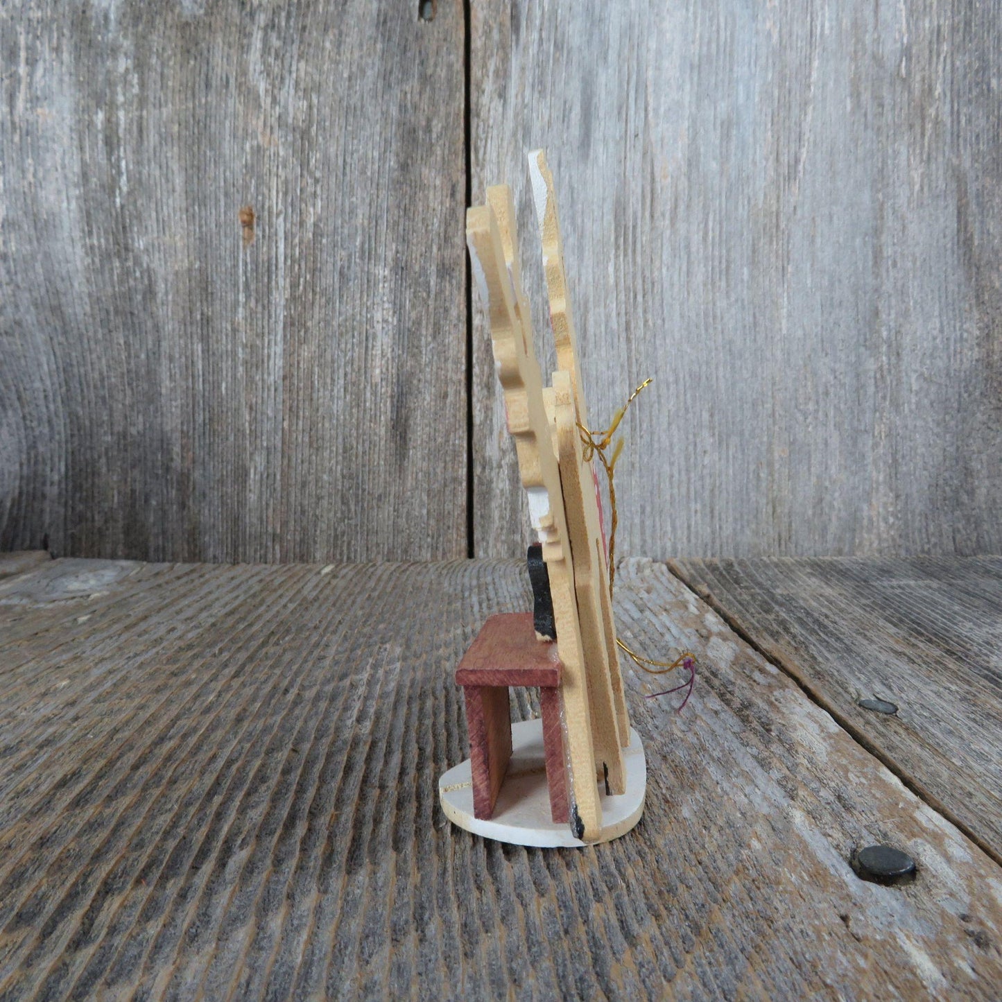 Vintage Wood Santa in Rocking Chair Ornament Reindeer Sleeping Wooden Christmas