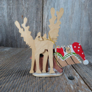 Vintage Wood Santa in Rocking Chair Ornament Reindeer Sleeping Wooden Christmas