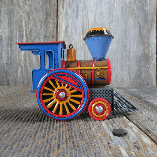 Vintage Tin Toy Train Hallmark Ornament Hallmark Locomotive Blue Red 1988 Christmas