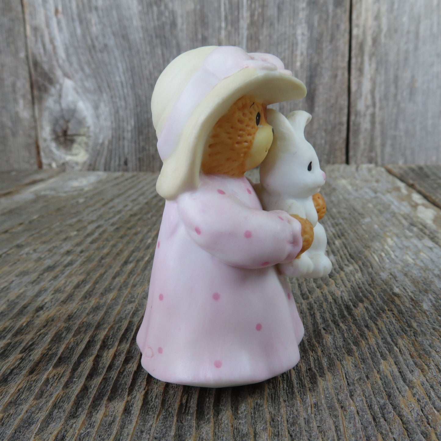 Bear in Big Hat Holding A Bunny Figurine Girl Easter Dress Lucy Rigg Enesco Vintage 1987 Taiwan