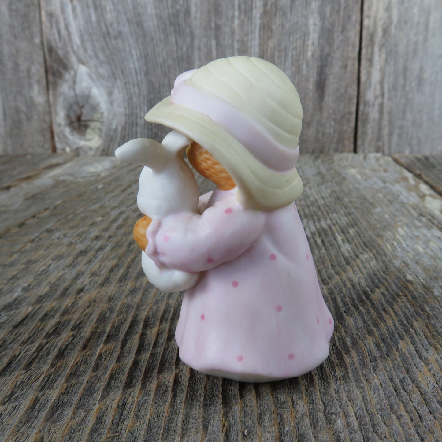Bear in Big Hat Holding A Bunny Figurine Girl Easter Dress Lucy Rigg Enesco Vintage 1987 Taiwan