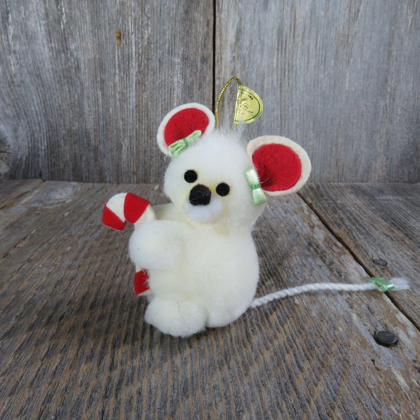 Mouse Pom Pom Ornament White Felt Ears Dakin Christmas Vintage 1984