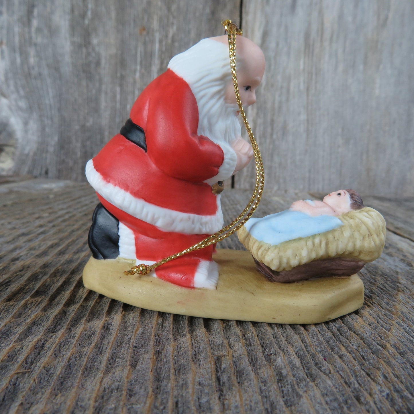 Vintage Kneeling Santa Jesus Ornament 1985 Roman Christ Manger Christmas Ornament Bisque Ceramic