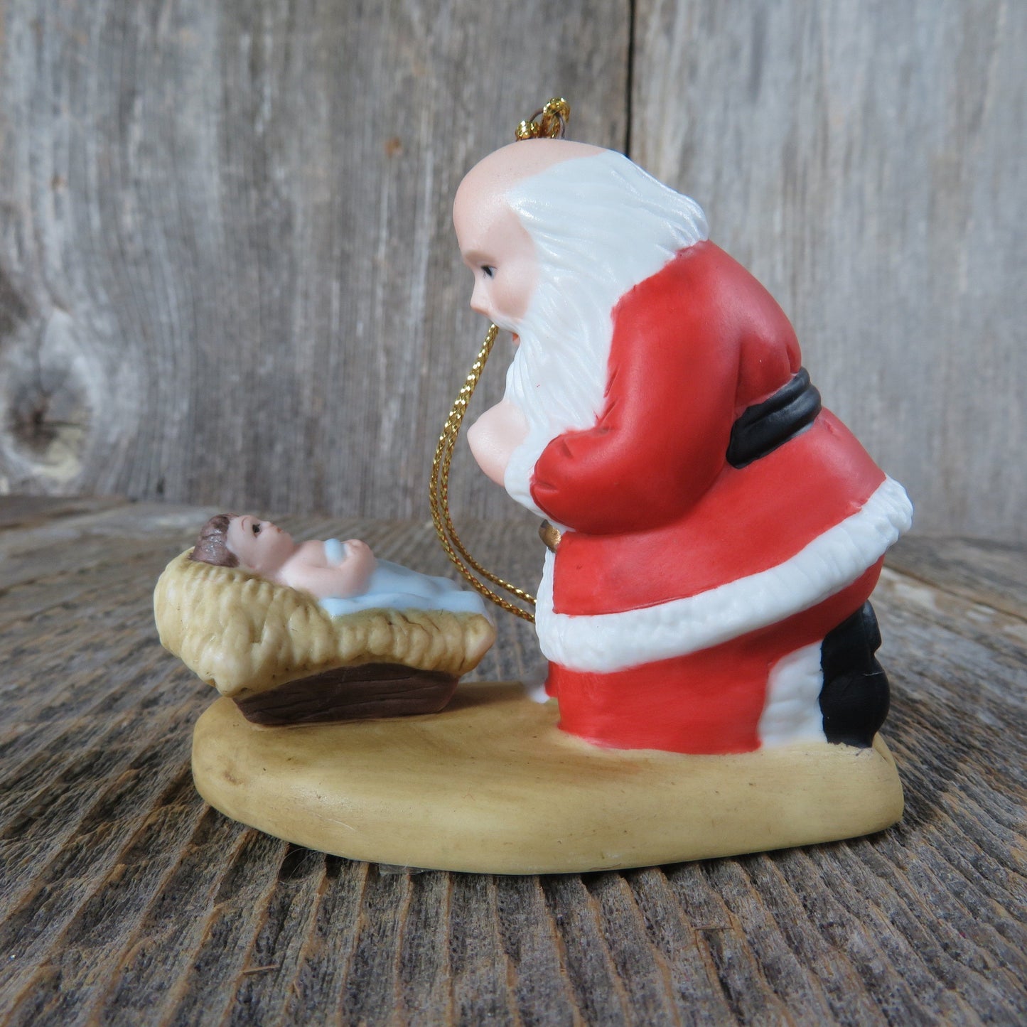 Vintage Kneeling Santa Jesus Ornament 1985 Roman Christ Manger Christmas Ornament Bisque Ceramic