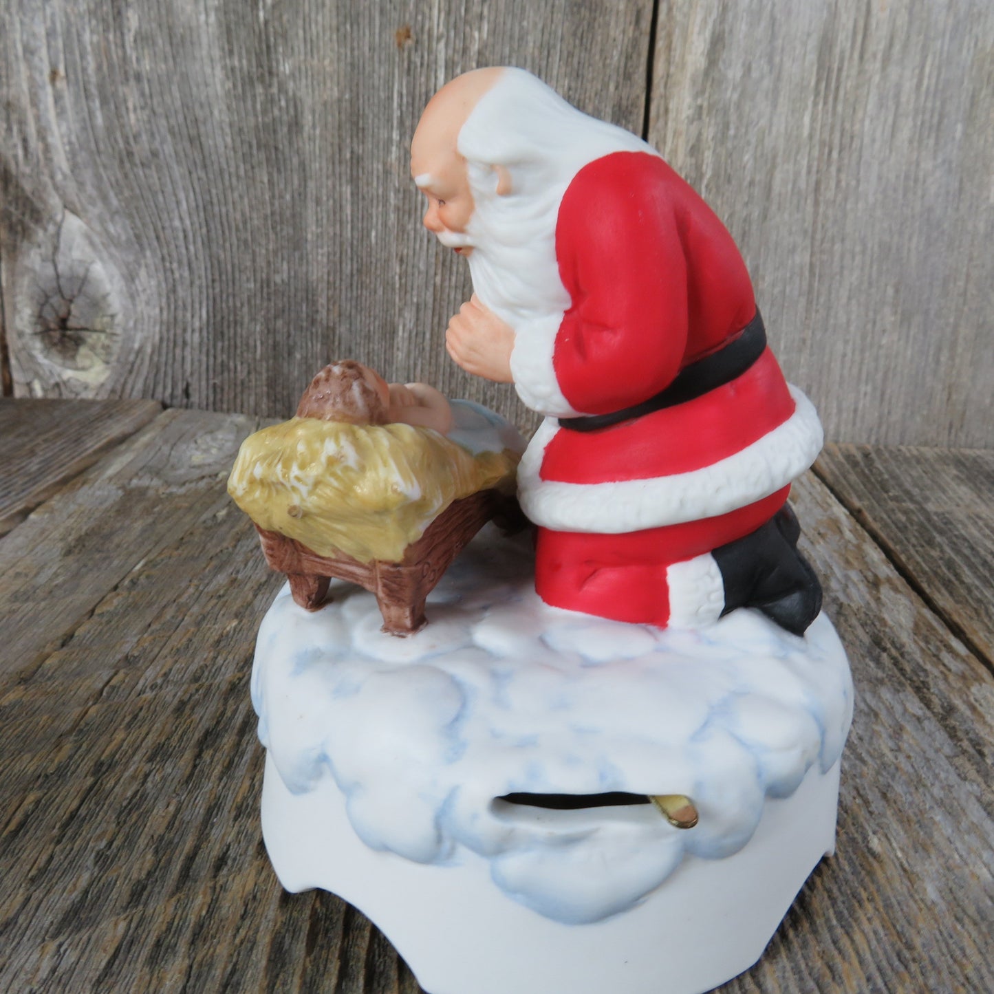 Vintage Kneeling Santa Music Box Jesus Christ Manger with Santa Claus Roman Nativity Santa Claus Figurine Christmas