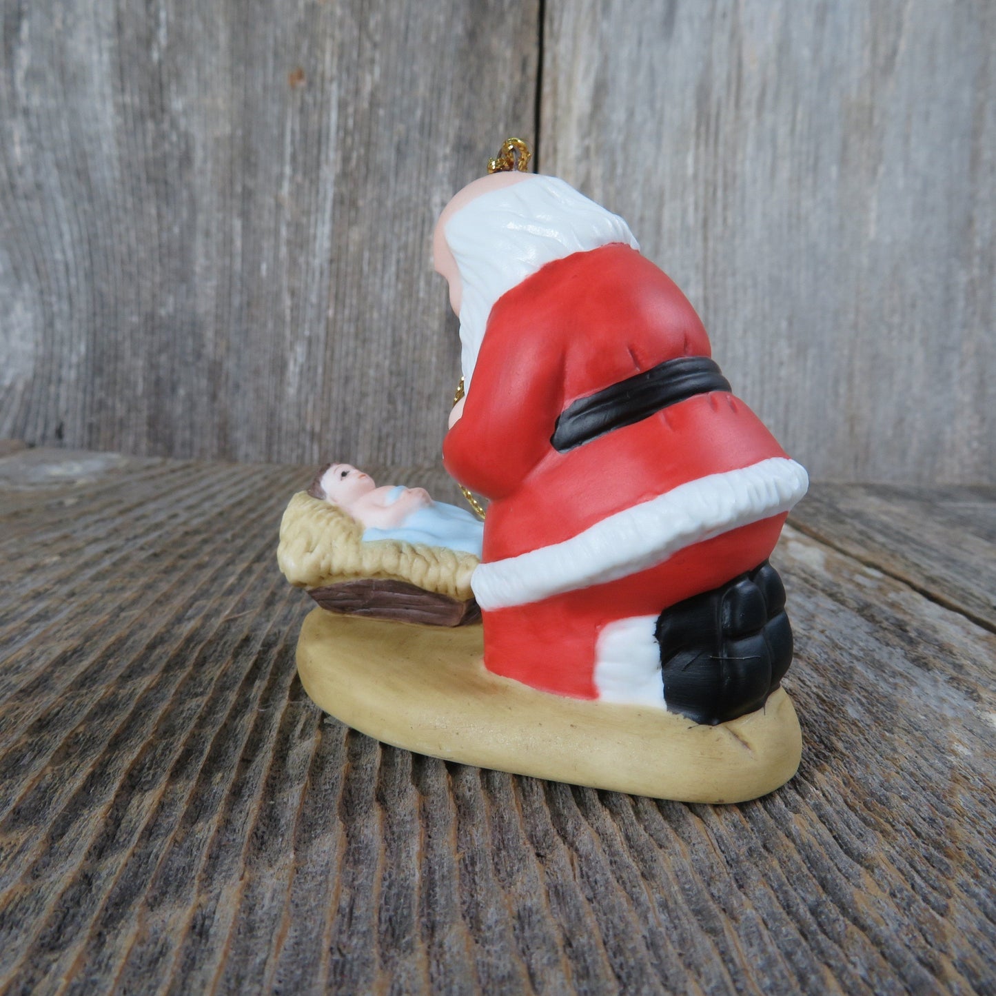 Vintage Kneeling Santa Jesus Ornament 1985 Roman Christ Manger Christmas Ornament Bisque Ceramic