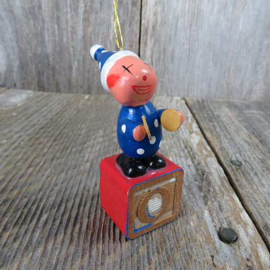 Vintage Clown on Alphabet Block Wood Ornament Cymbals Blue Polk-a-Dot Learning Block Christmas