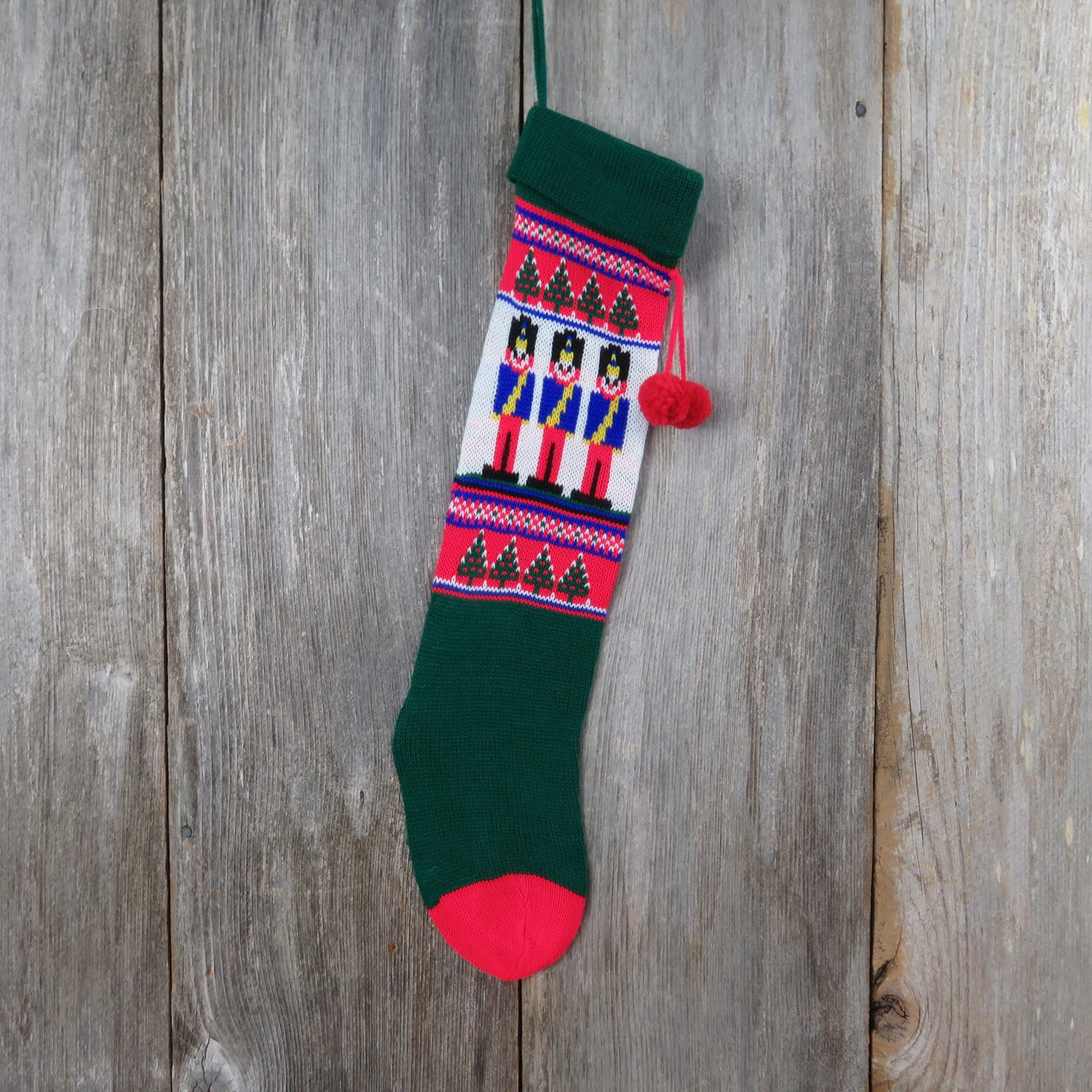 Vintage Knit Avon Toy Soldier Stocking Christmas Knitted Tree Blue Green Red Pom Pom Taiwan