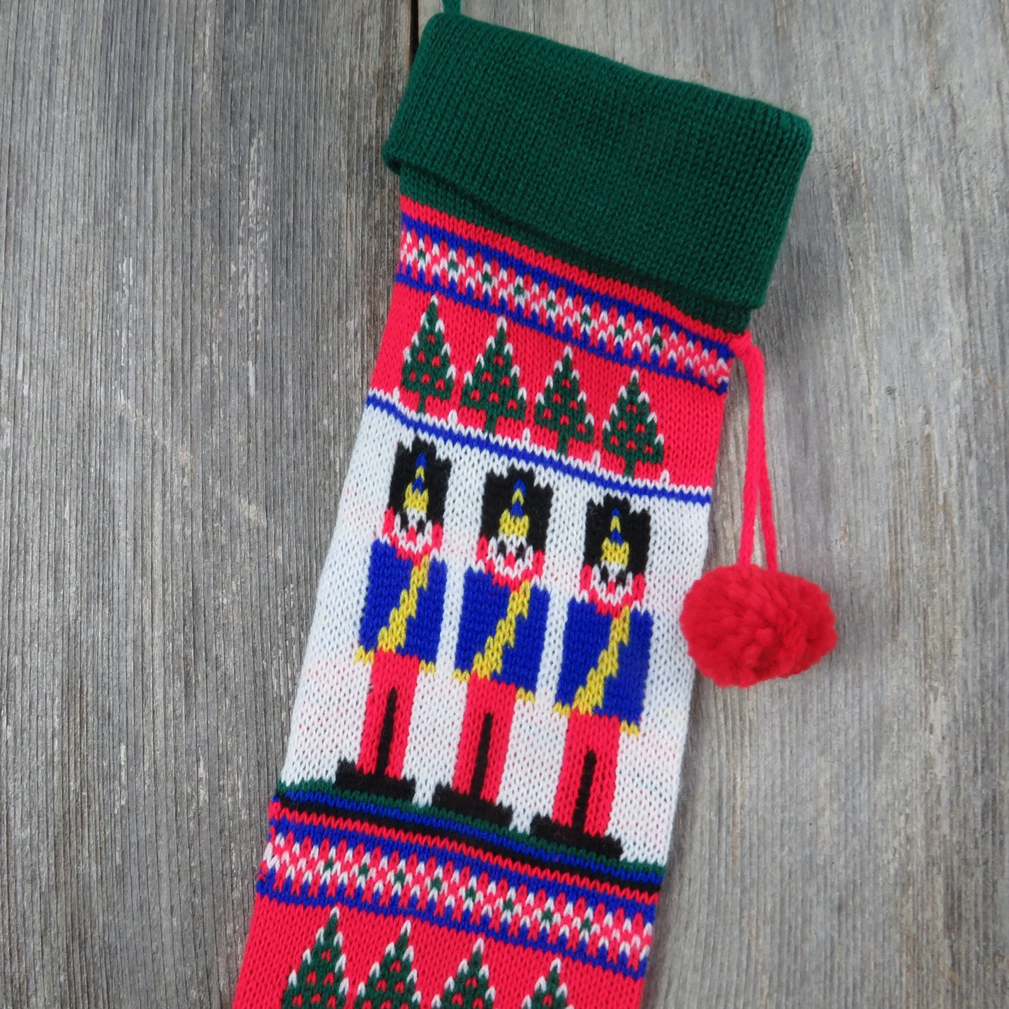 Vintage Knit Avon Toy Soldier Stocking Christmas Knitted Tree Blue Green Red Pom Pom Taiwan