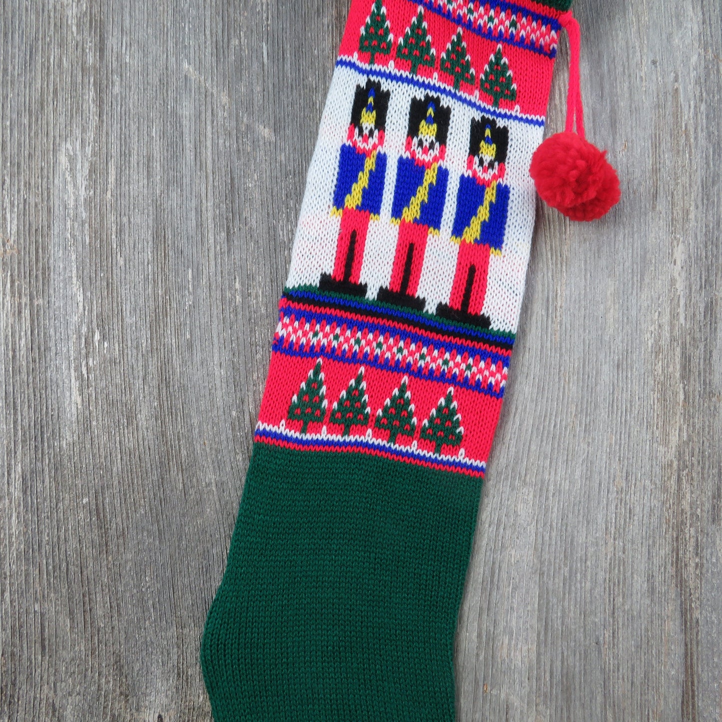 Vintage Knit Avon Toy Soldier Stocking Christmas Knitted Tree Blue Green Red Pom Pom Taiwan