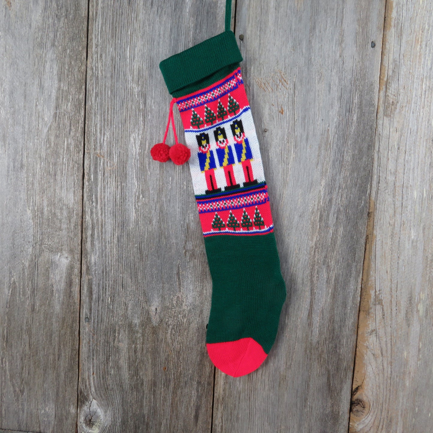 Vintage Knit Avon Toy Soldier Stocking Christmas Knitted Tree Blue Green Red Pom Pom Taiwan