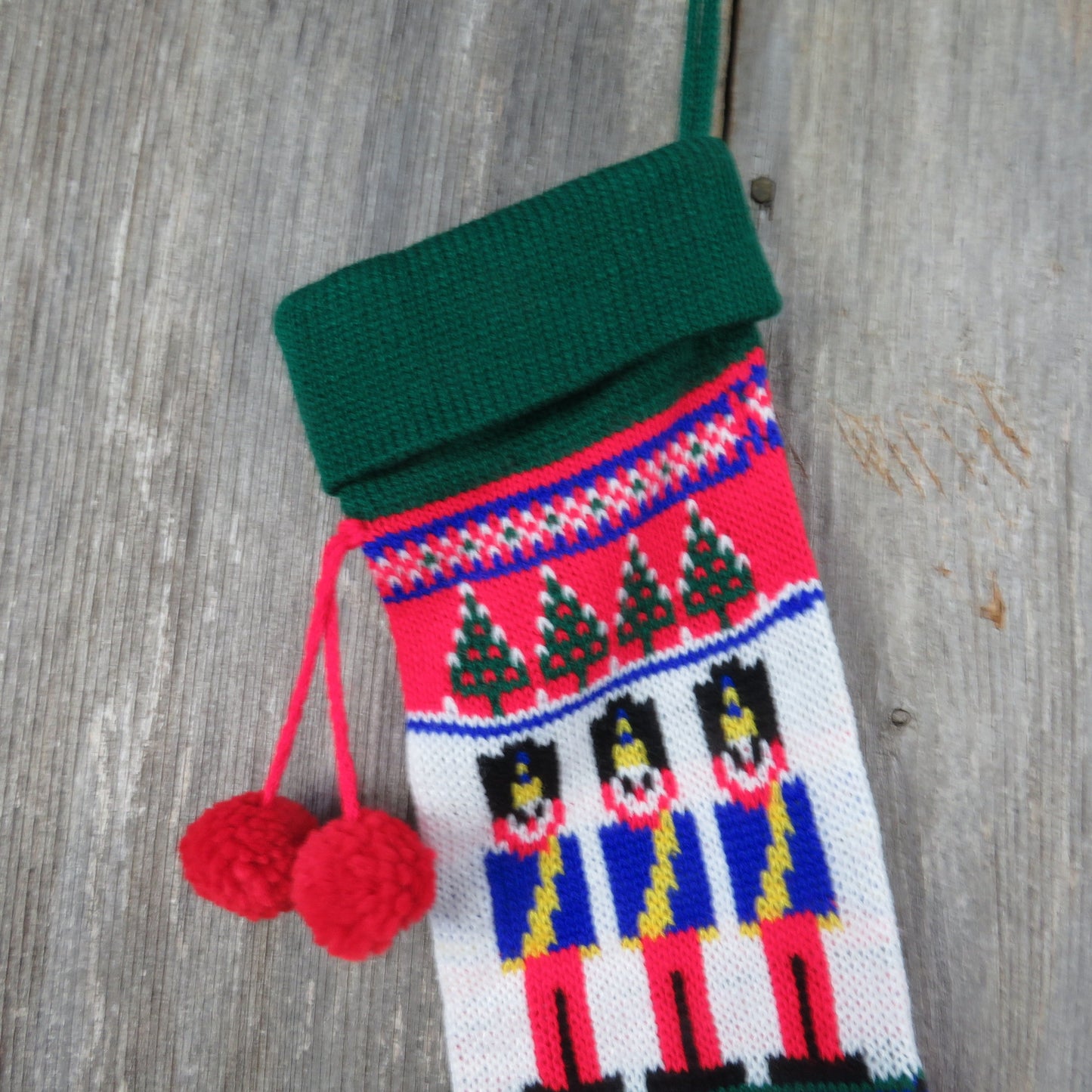 Vintage Knit Avon Toy Soldier Stocking Christmas Knitted Tree Blue Green Red Pom Pom Taiwan