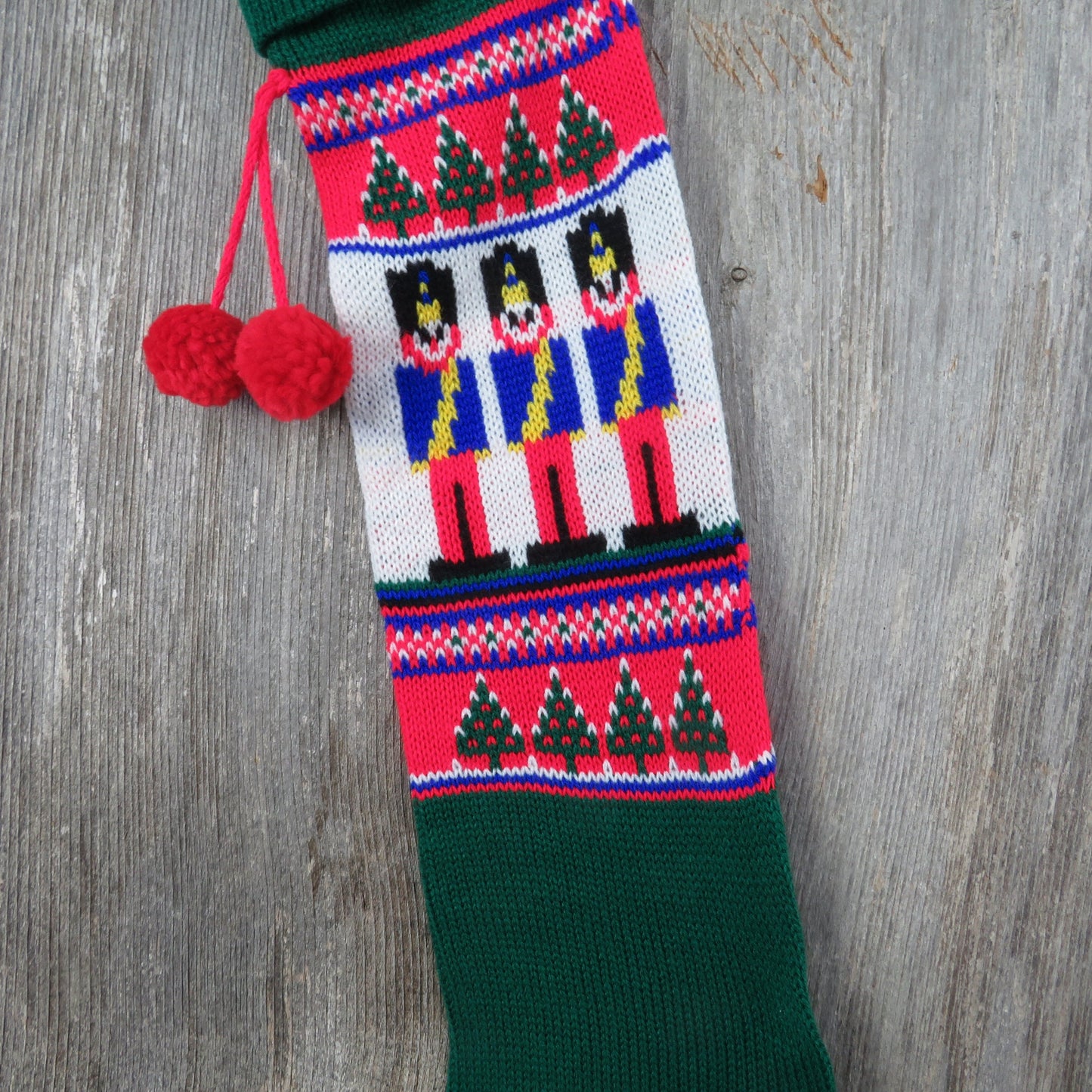 Vintage Knit Avon Toy Soldier Stocking Christmas Knitted Tree Blue Green Red Pom Pom Taiwan