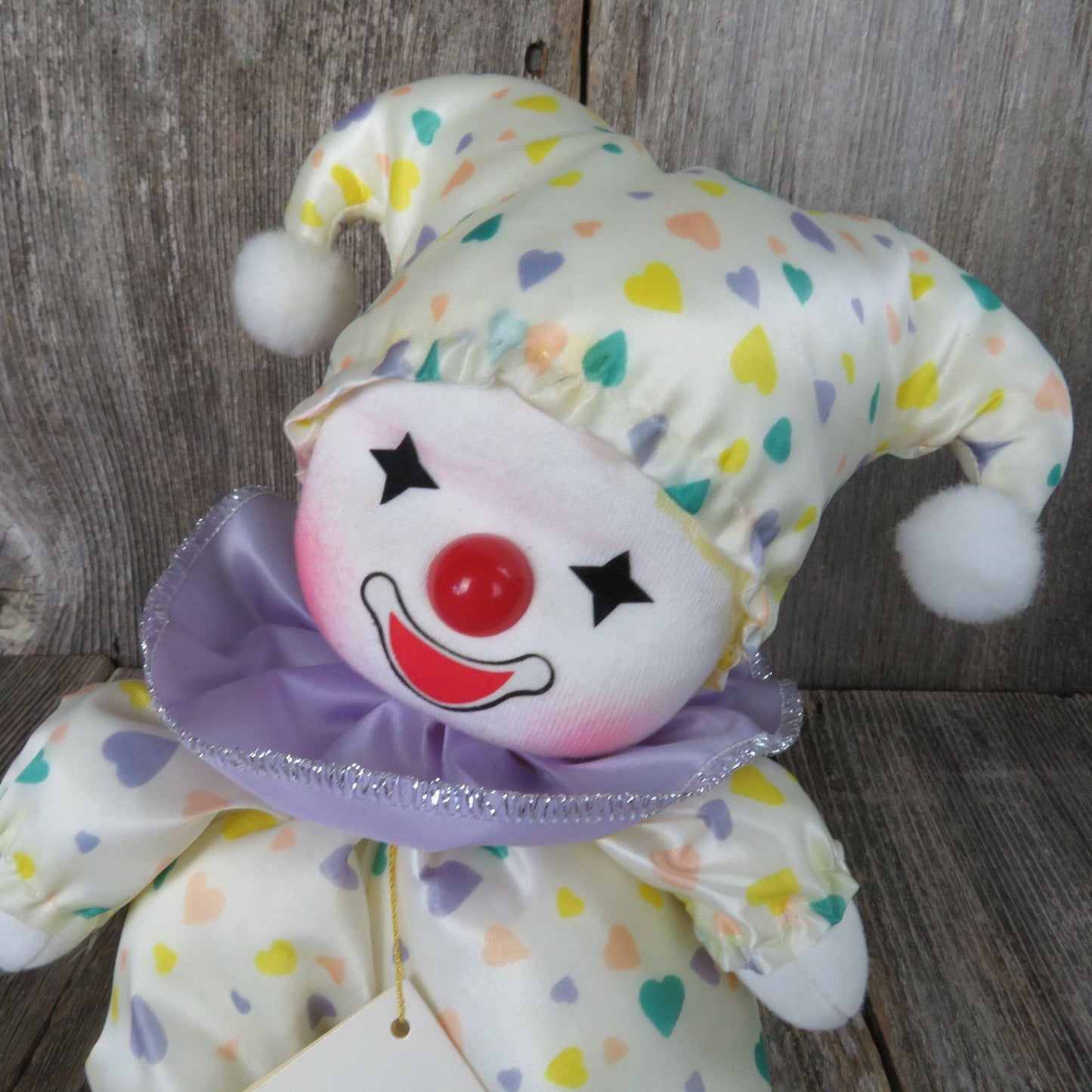 Vintage Clown Doll Musical Plush Moving Head Music Box Poter Sankyo White Satin Hearts Made in Taiwan 1986 It's A Small World