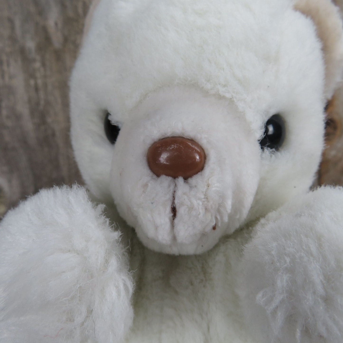 Teddy Bear Plush Sitting with Brown Plastic Nose White Body Tan Feet and Ears