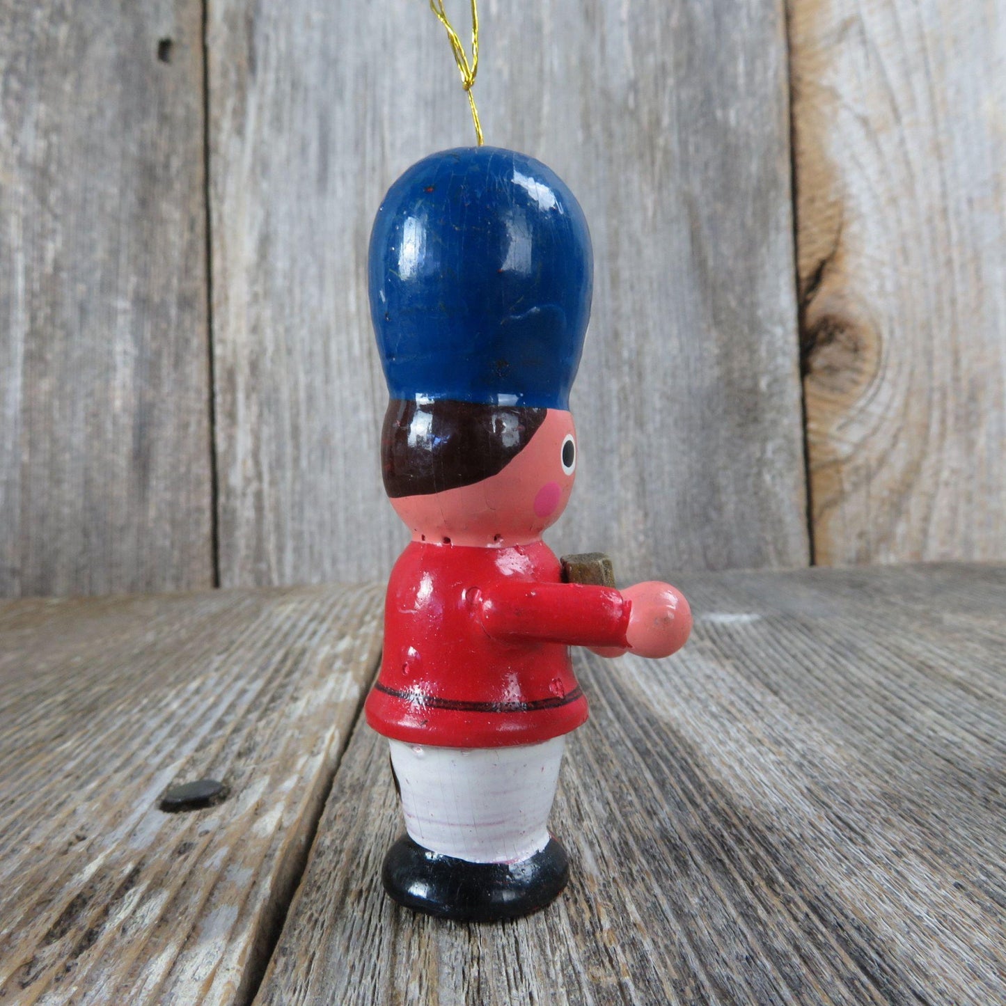 Vintage Wooden Marching Band Ornament Christmas Blue Red Hat Baton Instrument Accordion