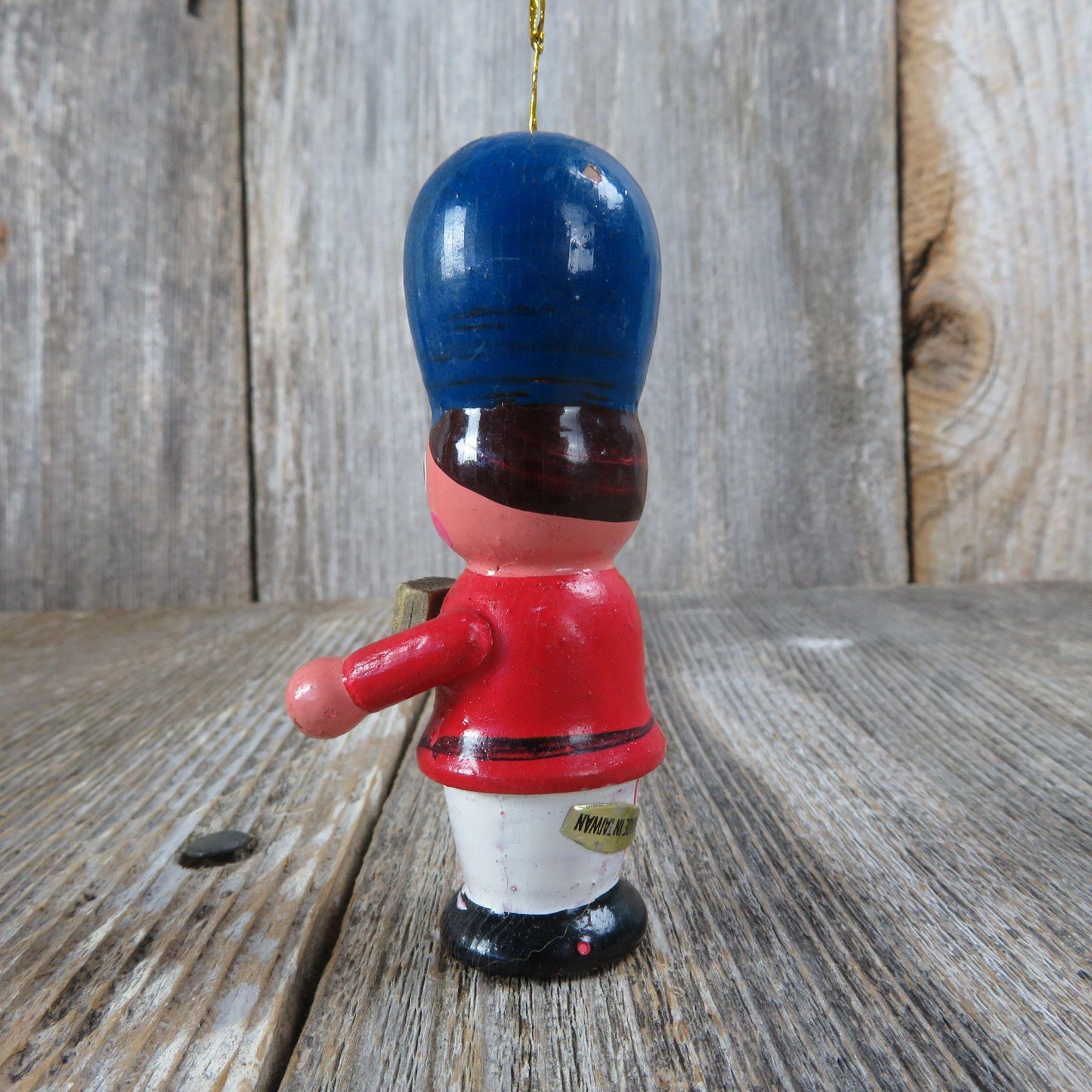 Vintage Wooden Marching Band Ornament Christmas Blue Red Hat Baton Instrument Accordion