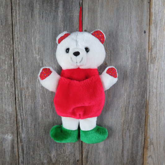 Vintage White Teddy Bear Stocking Gerber Red Flower Ears Paws Green Feet Christmas