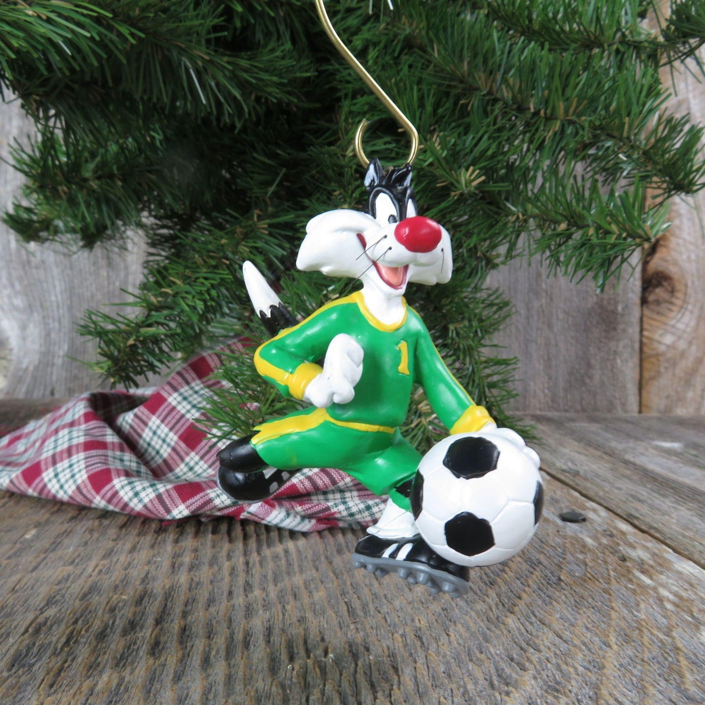 Vintage Sylvester Soccer Ornament Christmas Looney Tunes Warner Brothers Green Yellow 1996
